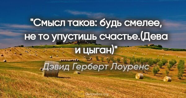 Дэвид Герберт Лоуренс цитата: "Смысл таков: будь смелее, не то упустишь счастье.(«Дева и цыган»)"