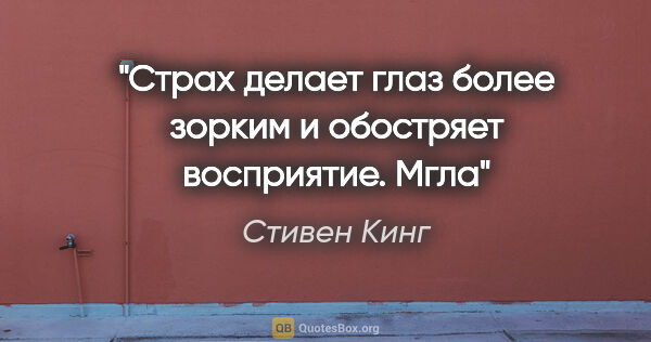 Стивен Кинг цитата: "Страх делает глаз более зорким и обостряет восприятие.

Мгла"