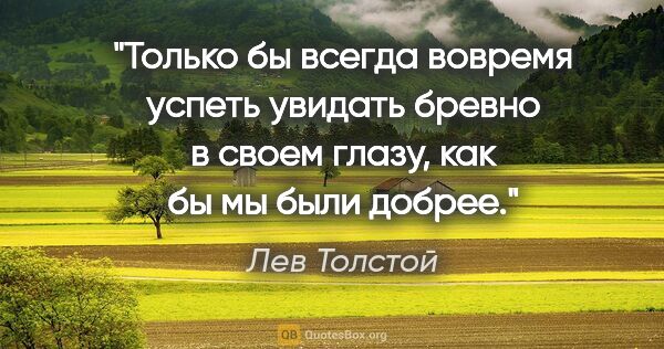 Лев Толстой цитата: "Только бы всегда вовремя успеть увидать бревно в своем глазу,..."