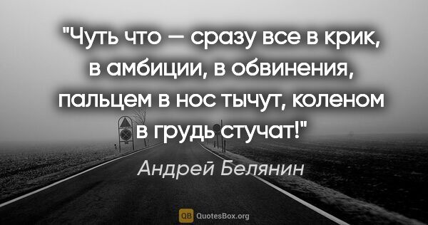 Андрей Белянин цитата: "Чуть что — сразу все в крик, в амбиции, в обвинения, пальцем в..."