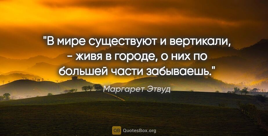 Маргарет Этвуд цитата: "В мире существуют и вертикали, - живя в городе, о них по..."