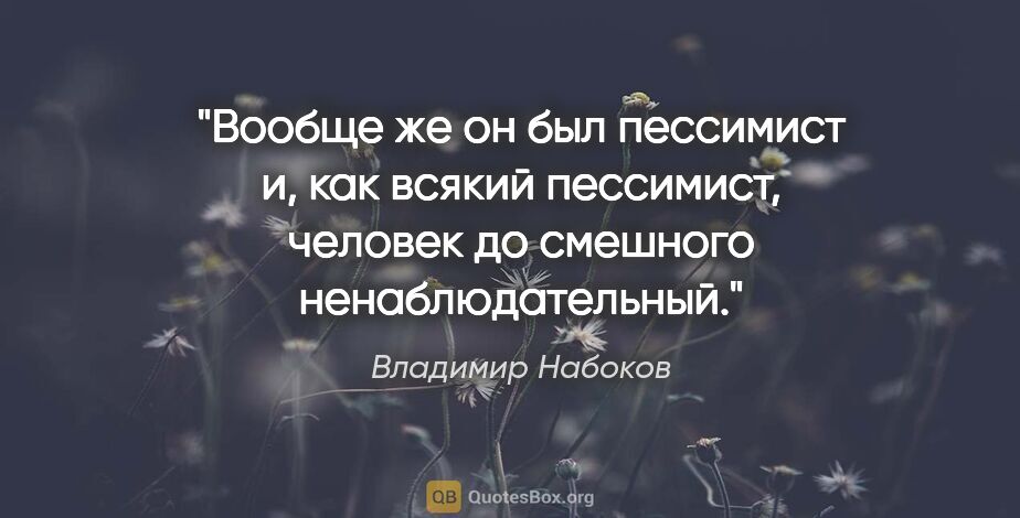 Владимир Набоков цитата: "Вообще же он был пессимист и, как всякий пессимист, человек до..."