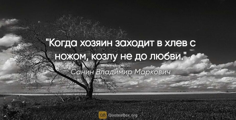 Санин Владимир Маркович цитата: "Когда хозяин заходит в хлев с ножом, козлу не до любви."