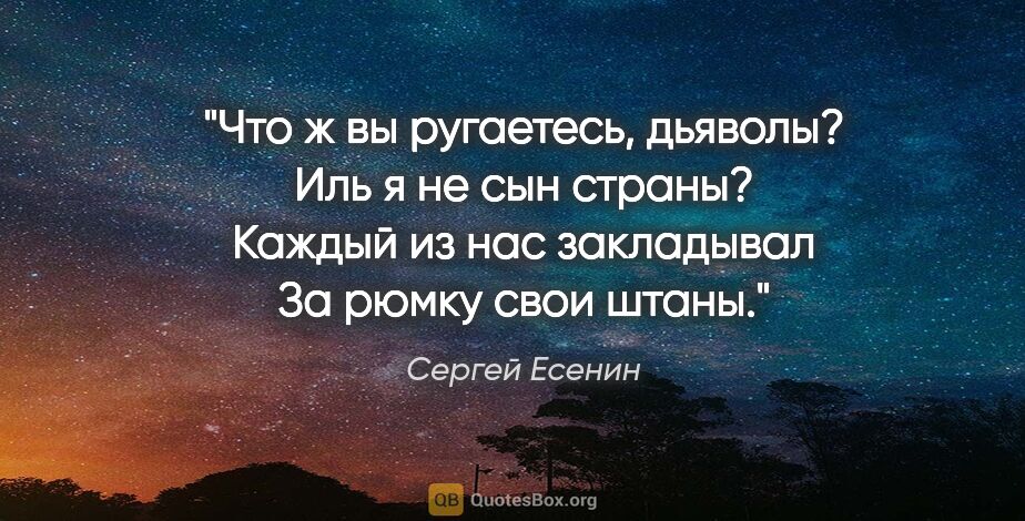 Сергей Есенин цитата: "Что ж вы ругаетесь, дьяволы?

Иль я не сын страны?

Каждый из..."