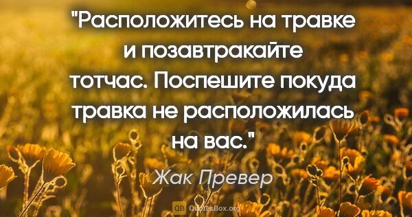 Жак Превер цитата: "Расположитесь на травке

и позавтракайте тотчас.

Поспешите..."