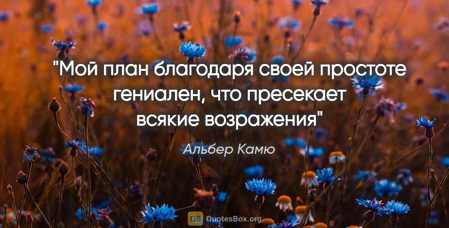 Альбер Камю цитата: "Мой план благодаря своей простоте гениален, что пресекает..."