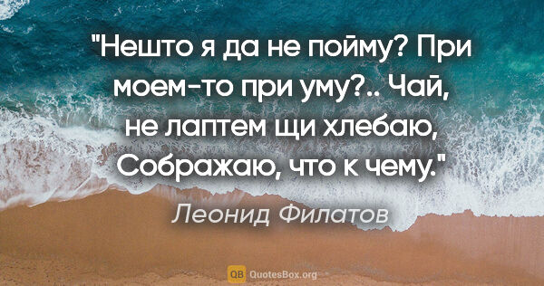Леонид Филатов цитата: "Нешто я да не пойму?

При моем-то при уму?..

Чай, не лаптем..."