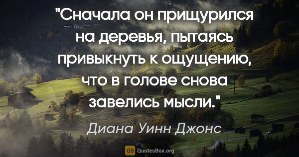 Диана Уинн Джонс цитата: "Сначала он прищурился на деревья, пытаясь привыкнуть к..."