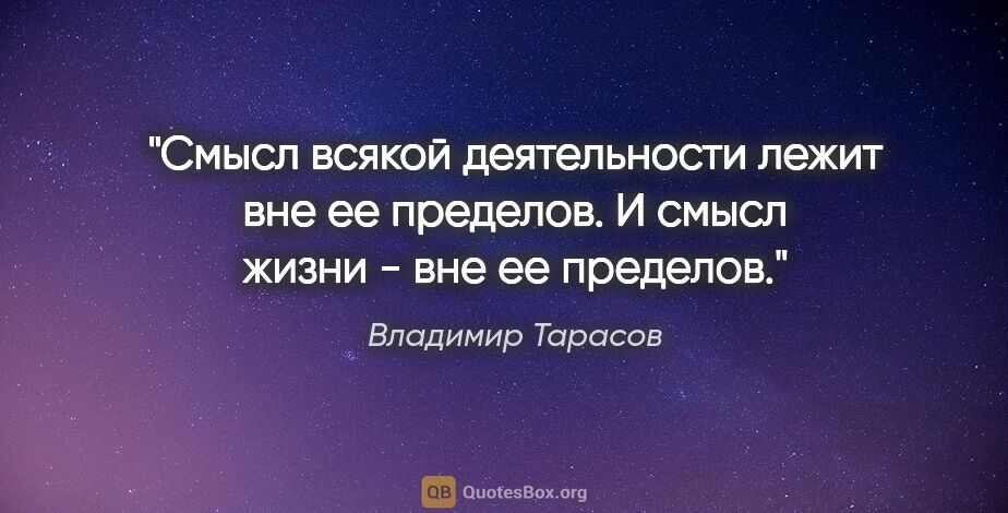 Владимир Тарасов цитата: "Смысл всякой деятельности лежит вне ее пределов. И смысл жизни..."