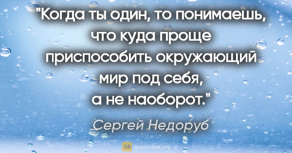 Сергей Недоруб цитата: "Когда ты один, то понимаешь, что куда проще приспособить..."