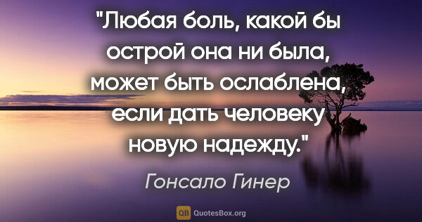 Гонсало Гинер цитата: "Любая боль, какой бы острой она ни была, может быть ослаблена,..."