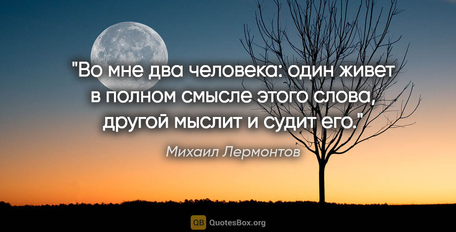 Михаил Лермонтов цитата: "Во мне два человека: один живет в полном смысле этого слова,..."