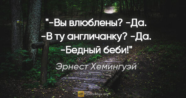 Эрнест Хемингуэй цитата: "-Вы влюблены?

-Да.

-В ту англичанку?

-Да.

-Бедный беби!"