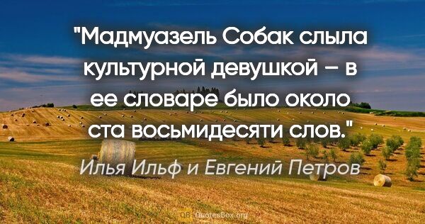 Илья Ильф и Евгений Петров цитата: "Мадмуазель Собак слыла культурной девушкой – в ее словаре было..."