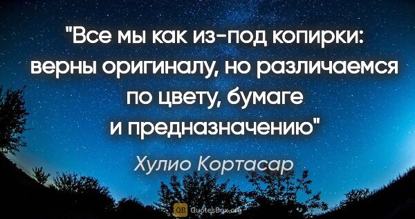 Хулио Кортасар цитата: "Все мы как из-под копирки: верны оригиналу, но различаемся по..."