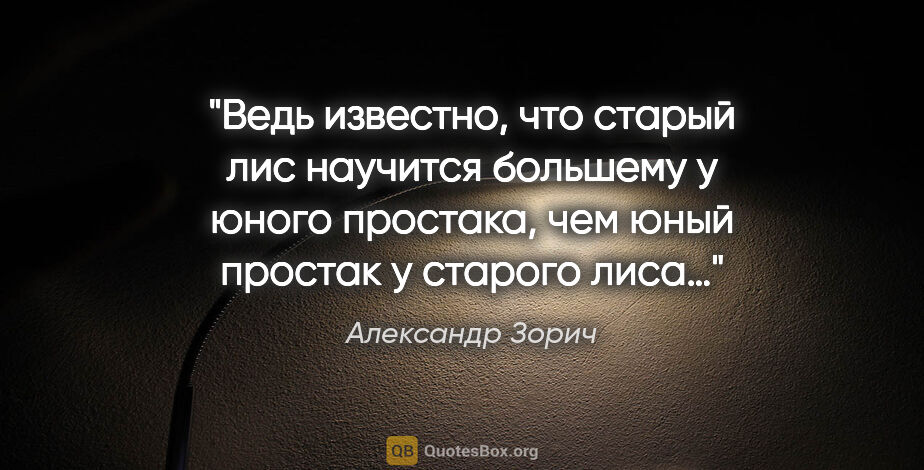 Александр Зорич цитата: "Ведь известно, что старый лис научится большему у юного..."