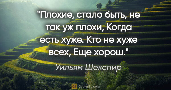 Уильям Шекспир цитата: "Плохие, стало быть, не так уж плохи,

Когда есть хуже. Кто не..."