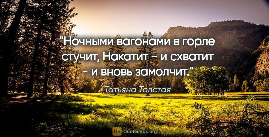 Татьяна Толстая цитата: "Ночными вагонами в горле стучит,

Накатит - и схватит - и..."