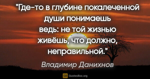 Владимир Данихнов цитата: "Где-то в глубине покалеченной души понимаешь ведь: не той..."