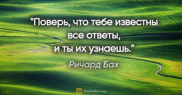 Ричард Бах цитата: "«Поверь, что тебе известны все ответы, и ты их узнаешь.»"