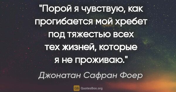 Джонатан Сафран Фоер цитата: "Порой я чувствую, как прогибается мой хребет под тяжестью всех..."