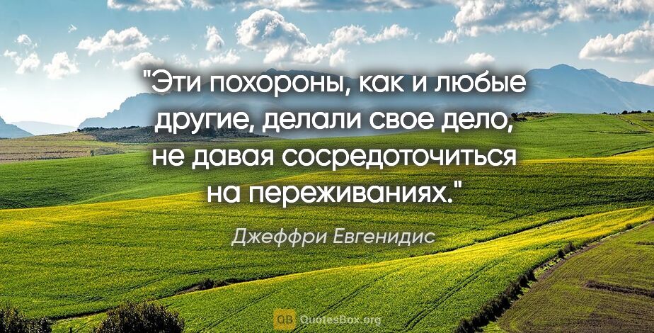 Джеффри Евгенидис цитата: "Эти похороны, как и любые другие, делали свое дело, не давая..."