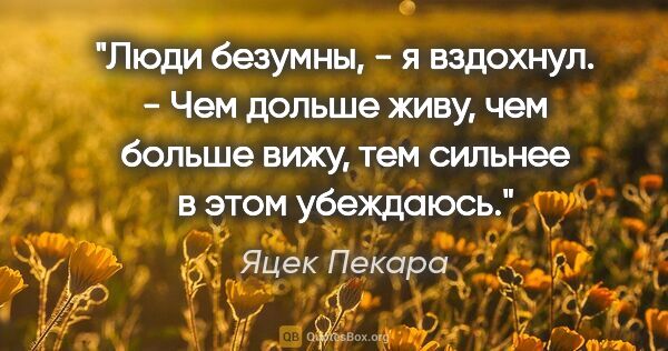 Яцек Пекара цитата: "Люди безумны, - я вздохнул. - Чем дольше живу, чем больше..."