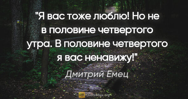 Дмитрий Емец цитата: "Я вас тоже люблю! Но не в половине четвертого утра. В половине..."