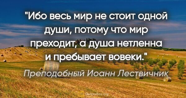 Преподобный Иоанн Лествичник цитата: "Ибо весь мир не стоит одной души, потому что мир преходит, а..."