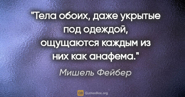 Мишель Фейбер цитата: "Тела обоих, даже укрытые под одеждой, ощущаются каждым из них..."