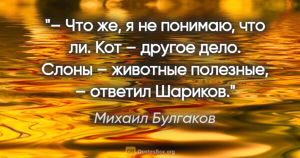 Михаил Булгаков цитата: "– Что же, я не понимаю, что ли. Кот – другое дело. Слоны –..."