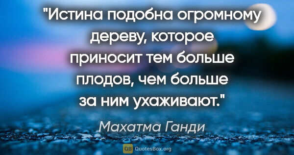 Махатма Ганди цитата: "Истина подобна огромному дереву, которое приносит тем больше..."