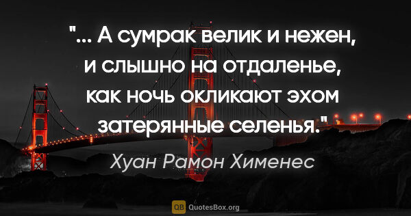 Хуан Рамон Хименес цитата: " А сумрак велик и нежен,

и слышно на отдаленье,

как ночь..."