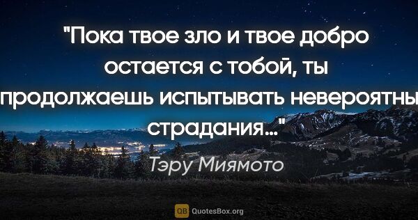 Тэру Миямото цитата: "Пока твое зло и твое добро остается с тобой, ты продолжаешь..."