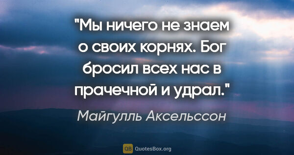 Майгулль Аксельссон цитата: "Мы ничего не знаем о своих корнях. Бог бросил всех нас в..."