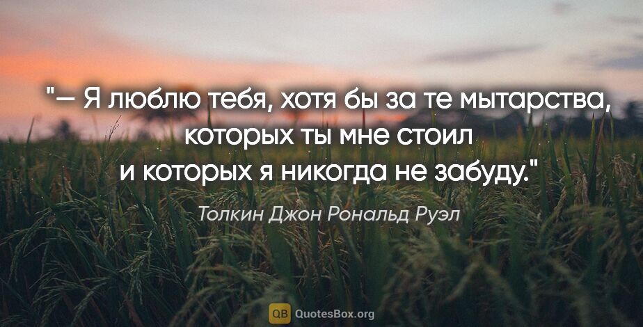 Толкин Джон Рональд Руэл цитата: "— Я люблю тебя, хотя бы за те мытарства, которых ты мне стоил..."