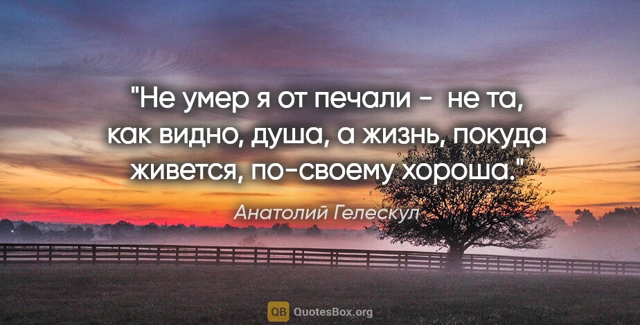 Анатолий Гелескул цитата: "Не умер я от печали - 

не та, как видно, душа,

а жизнь,..."