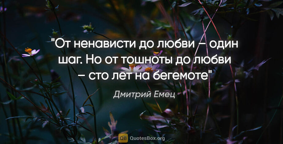 Дмитрий Емец цитата: "«От ненависти до любви – один шаг. Но от тошноты до любви –..."