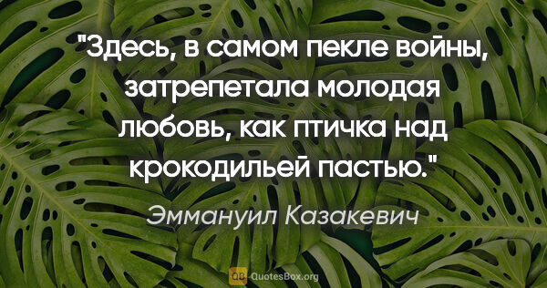 Эммануил Казакевич цитата: "Здесь, в самом пекле войны, затрепетала молодая любовь, как..."