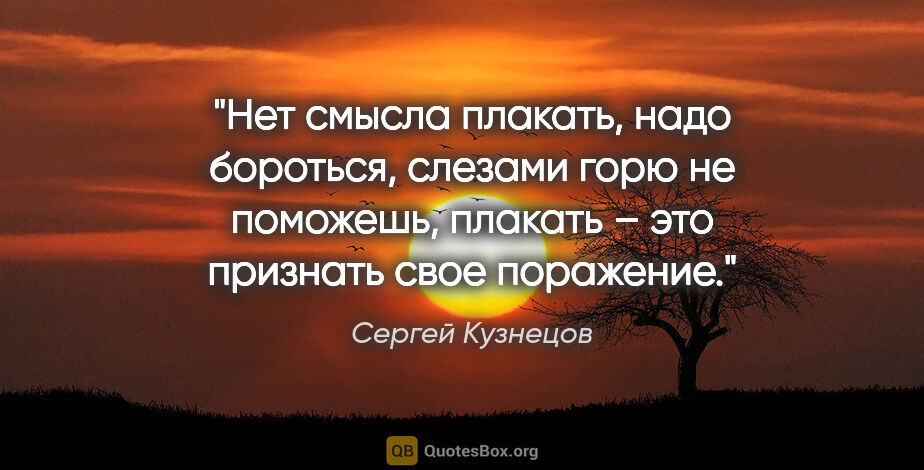 Сергей Кузнецов цитата: "Нет смысла плакать, надо бороться, слезами горю не поможешь,..."