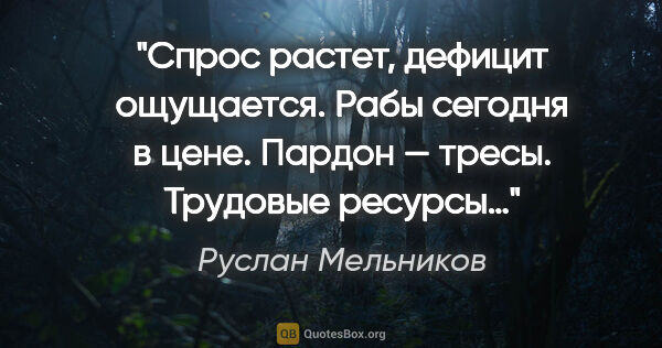 Руслан Мельников цитата: "Спрос растет, дефицит ощущается. Рабы сегодня в цене. Пардон —..."