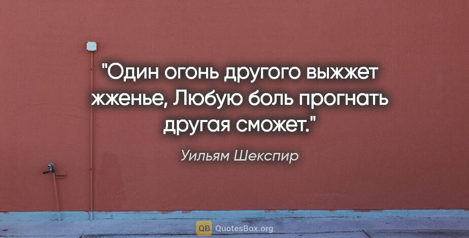 Уильям Шекспир цитата: "Один огонь другого выжжет жженье,

Любую боль прогнать другая..."