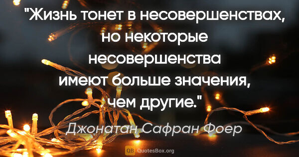 Джонатан Сафран Фоер цитата: "Жизнь тонет в несовершенствах, но некоторые несовершенства..."