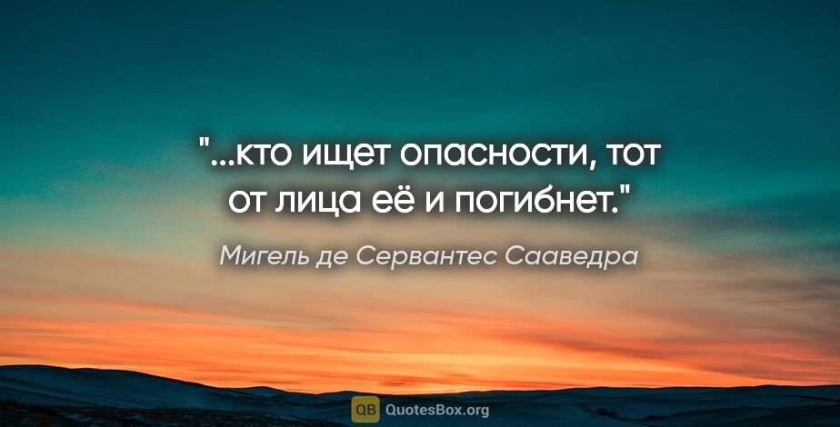 Мигель де Сервантес Сааведра цитата: "...кто ищет опасности, тот от лица её и погибнет."