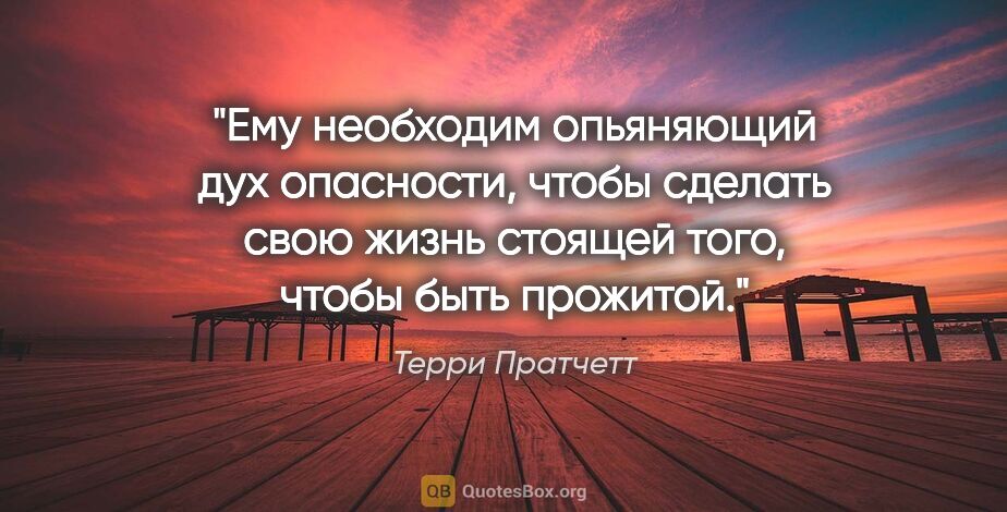 Терри Пратчетт цитата: "Ему необходим опьяняющий дух опасности, чтобы сделать свою..."