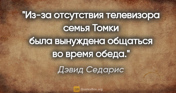 Дэвид Седарис цитата: "Из-за отсутствия телевизора семья Томки была вынуждена..."