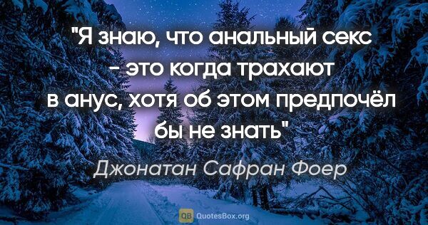 Джонатан Сафран Фоер цитата: "Я знаю, что анальный секс - это когда трахают в анус, хотя об..."