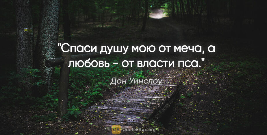 Дон Уинслоу цитата: "Спаси душу мою от меча,

а любовь - от власти пса."