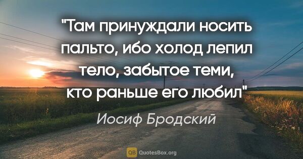 Иосиф Бродский цитата: "Там принуждали носить пальто,

ибо холод лепил

тело, забытое..."