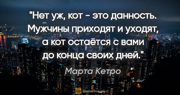 Марта Кетро цитата: "Нет уж, кот - это данность. Мужчины приходят и уходят, а кот..."